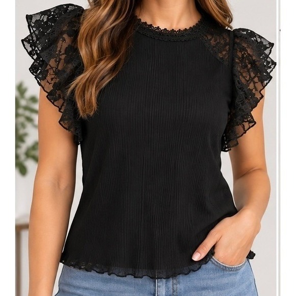 Tops - Black Ribbed Lace Flutter Sleeve Top Floral Mesh Trim Keyhole Back Blouse Size-L